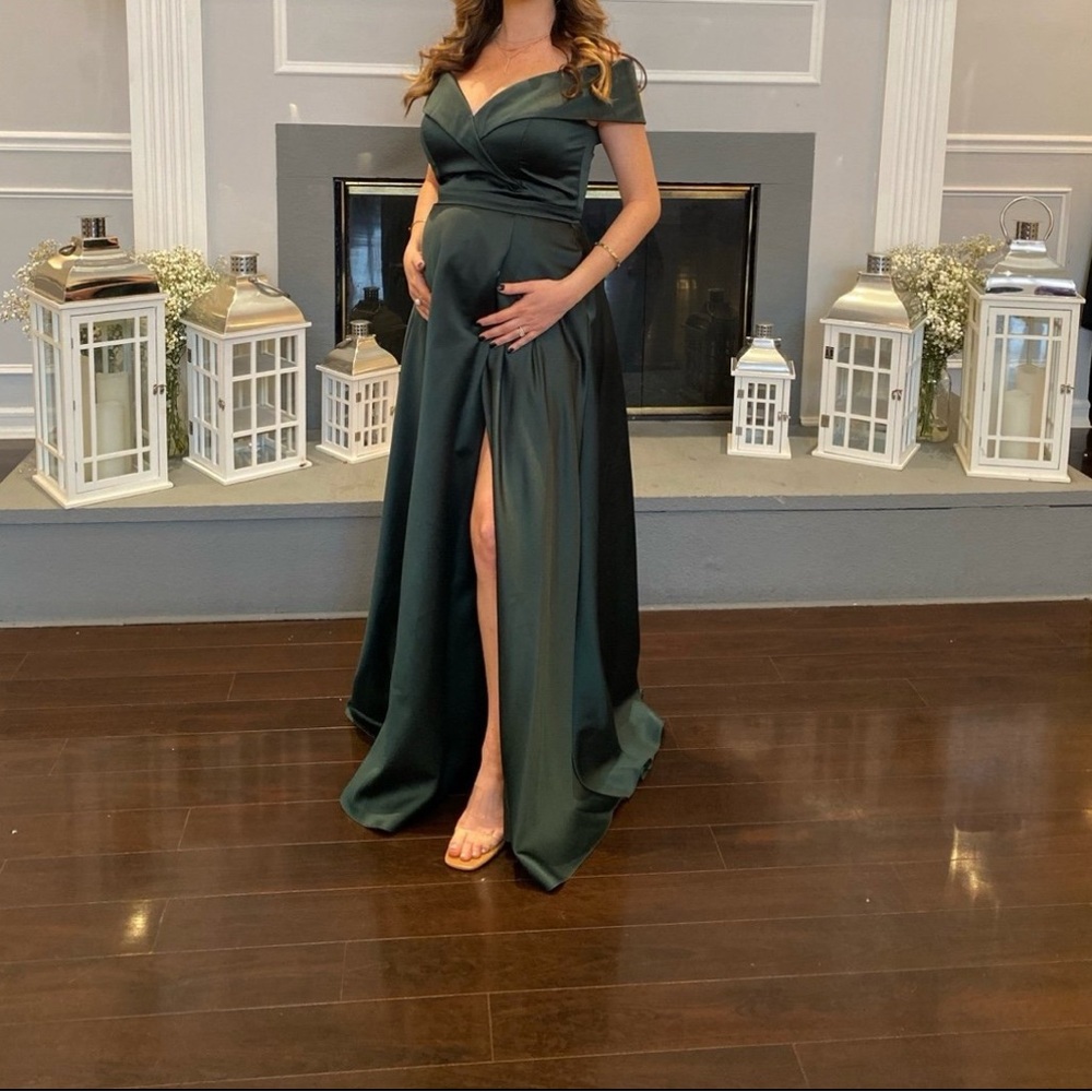 Xscape Green V-Neck Cap Sleeve Gown for Weddings
